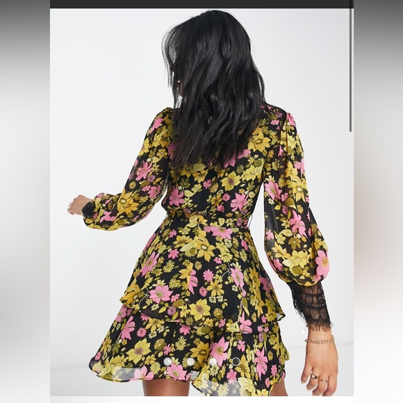 ASOS Design Soft Mini Skater Dress in Pink Floral Print w/ Eyelash Lace Sz 6 NWT - Picture 2 of 10